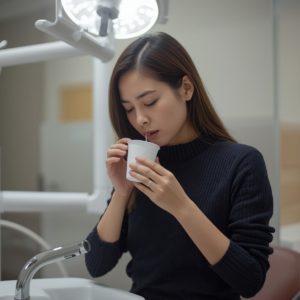 歯科医院で口をすすいでいる日本人女性、手には小さめの紙コップをもっている