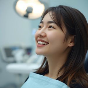 笑顔の日本人女性が歯科医院で満足そうにしている実写風イメージ。信頼感と明るい未来を感じるシーン。